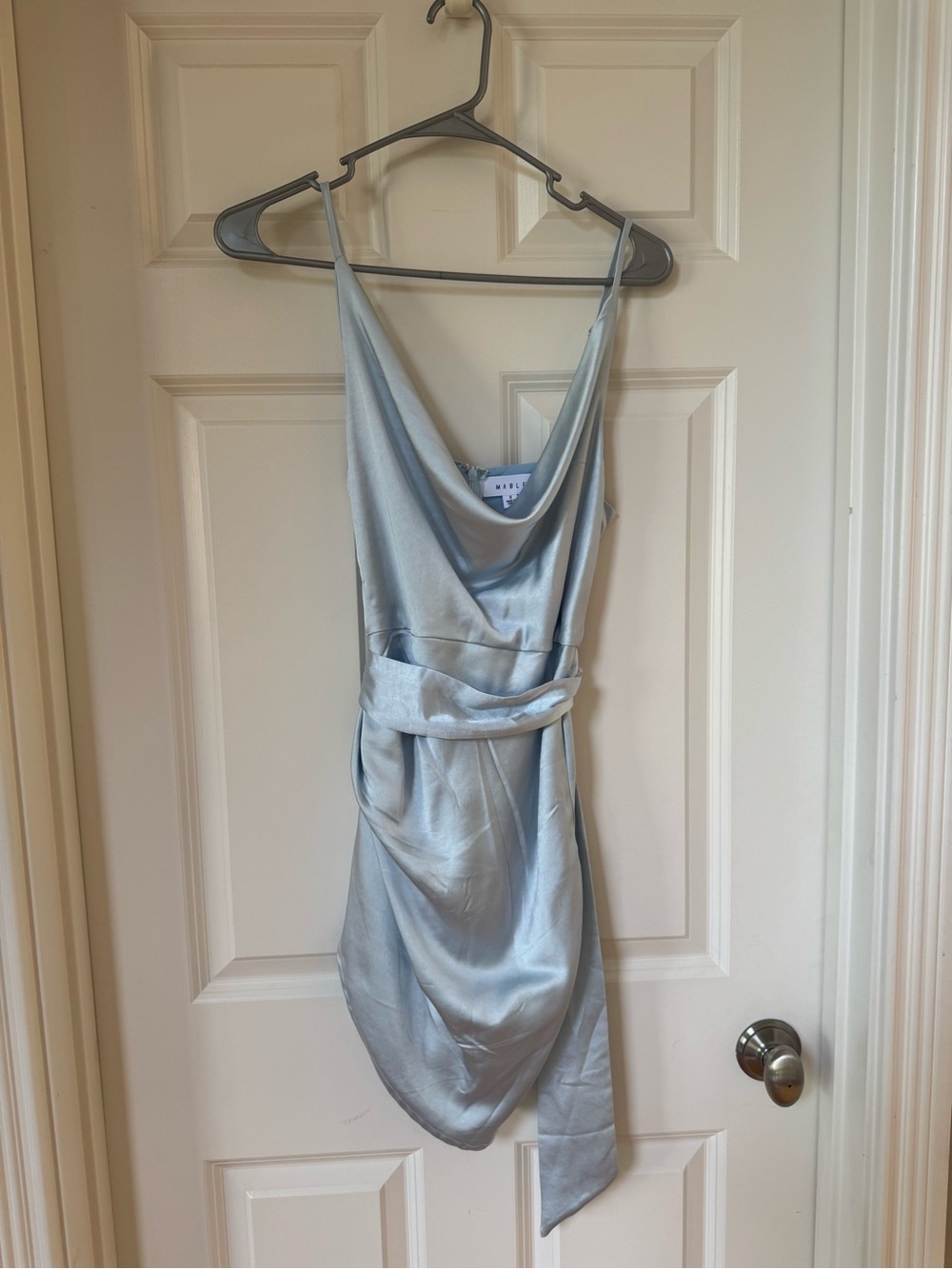 Mable Silver Blue Satin Cowl Neck Draped Mini Dress